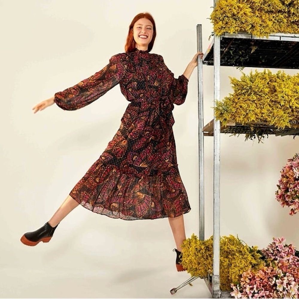 FARM Rio Butterfly Sky Tiered Maxi Dress with Long Sleeves Size L